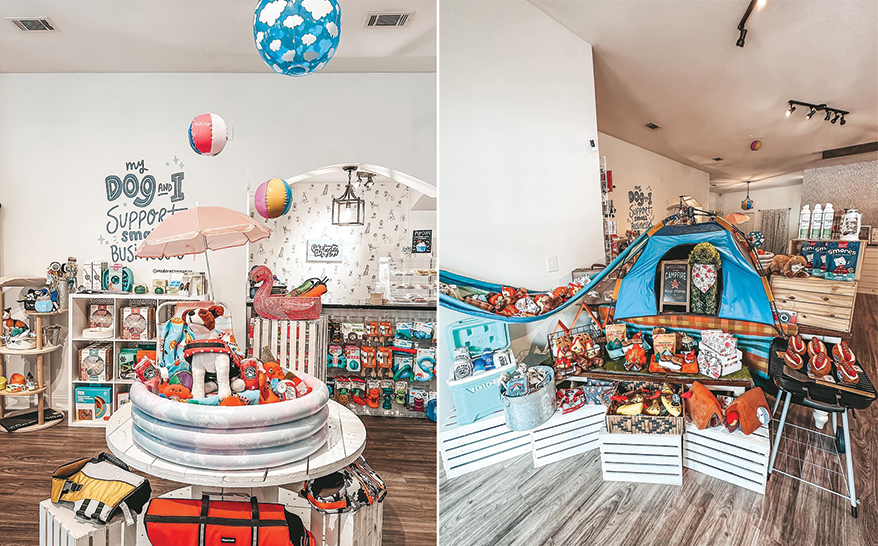 (Left) POOL TIME! The inflatable pool filled with summer-themed toys catches the eye and pulls in customers ready for summer fun. (Right) ADVENTURE PUPS How could a customer not want to embrace the outdoors with their dogs after seeing this camping-centric display.